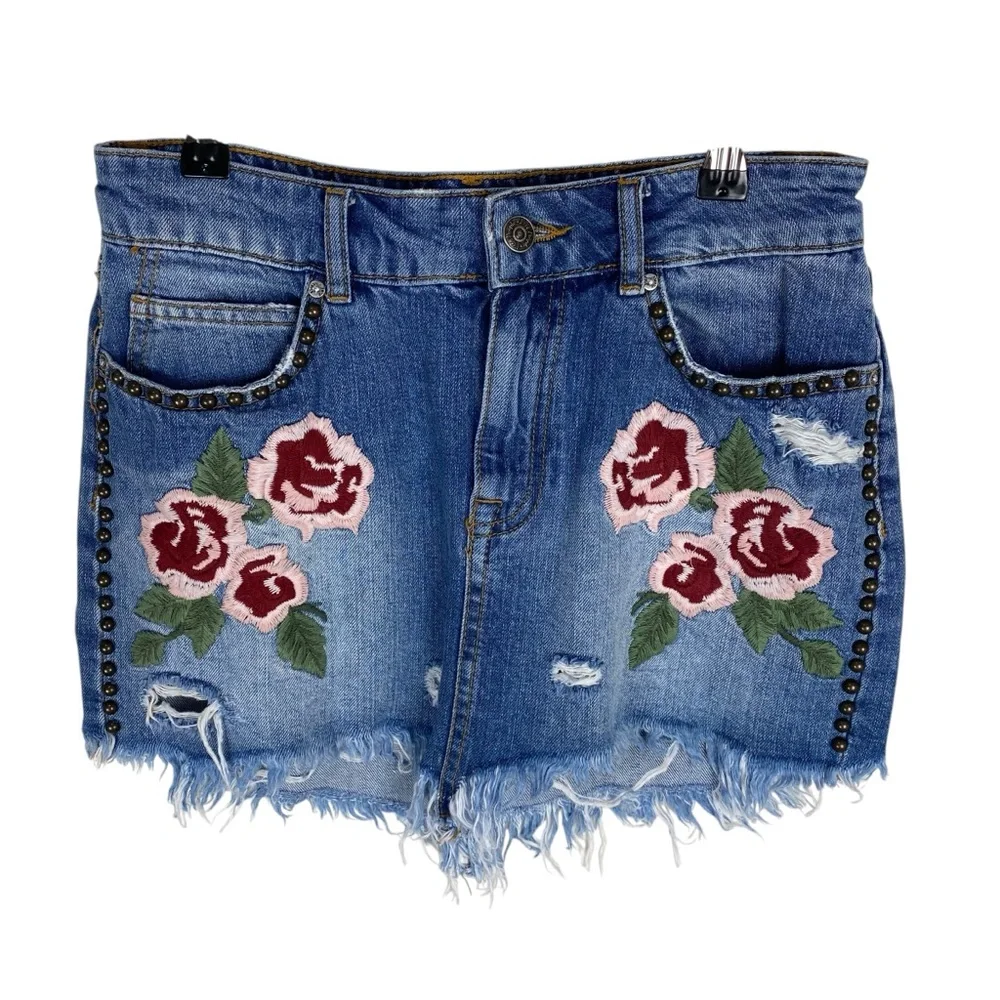 Free People Embroidered Jean Skirt Mini Blue Denim Size 25 - Picture 3 of 11